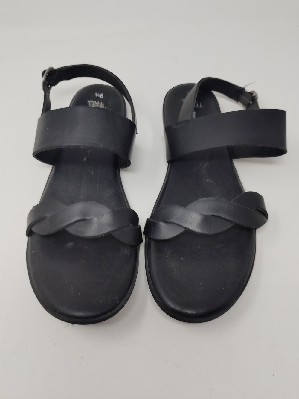 Time and Tru Black Sandals 9.5 Memory Foam Braided Strappy Flat Slingback Shoes